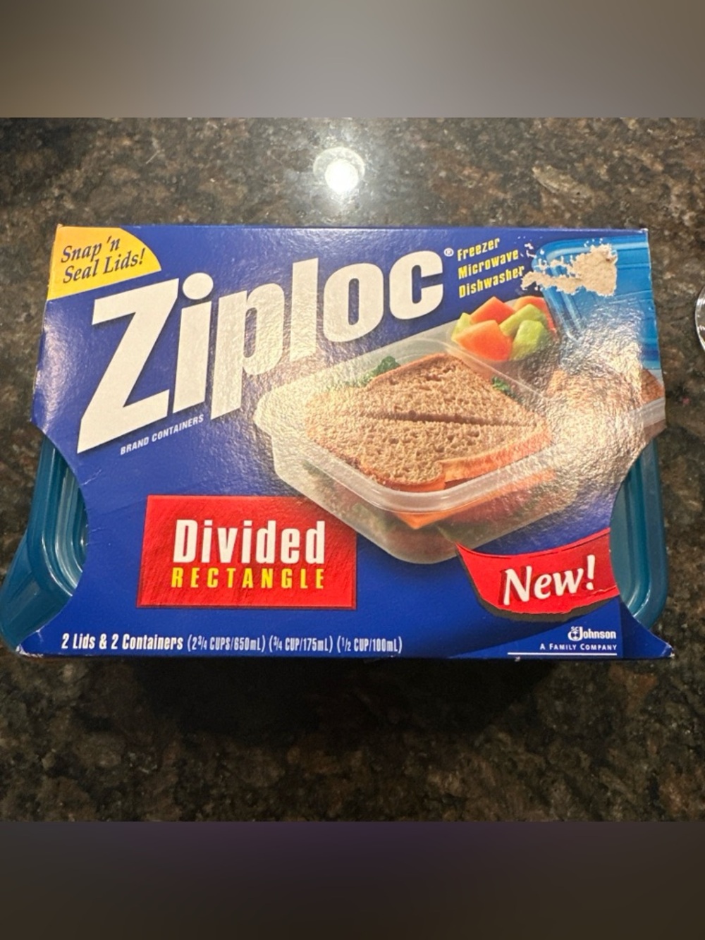 Ziploc Divided‎ Rectangle Food Containers Snap 'n Seal Lids NEW NOS